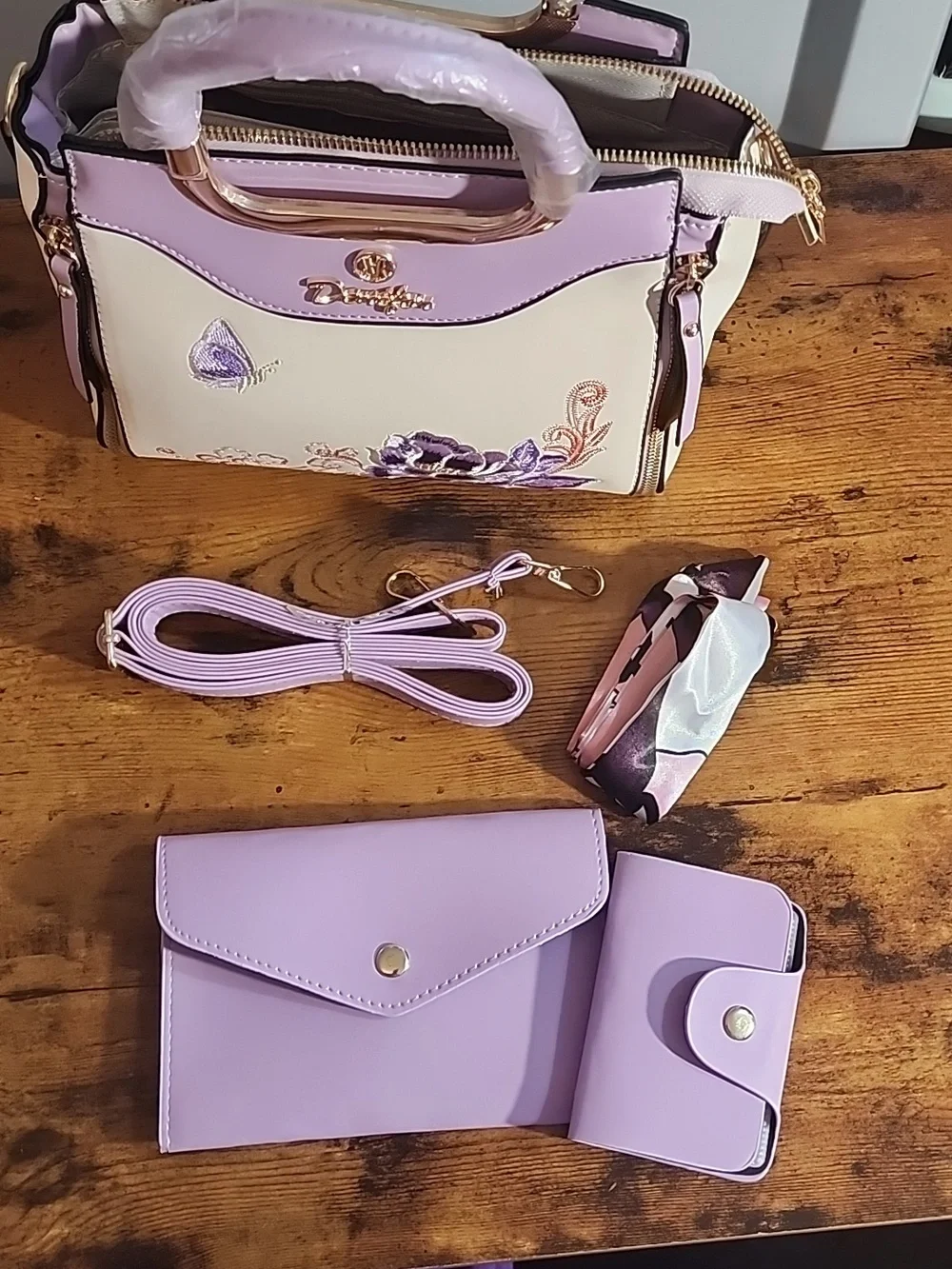 Purple 3 Pcs Set Women's Handbag With Elegant Geometric Print, Faux Leather FP